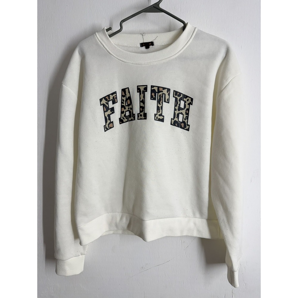 Angel Cult Faith Leopard Print Sweatshirt XL Matthew 17:20 Ivory Pullover